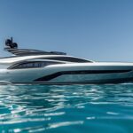 Side view render of the Custom Line Saetta 128 superyacht, focusing on its innovative planing hull that enables high speeds and efficient performance in luxury yachting.