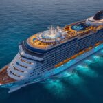 Futuristic Royal Caribbean cruise ship with AI interactive shows, smart ship technology, and immersive entertainment features on deck during a 2026 voyage in the Caribbean.