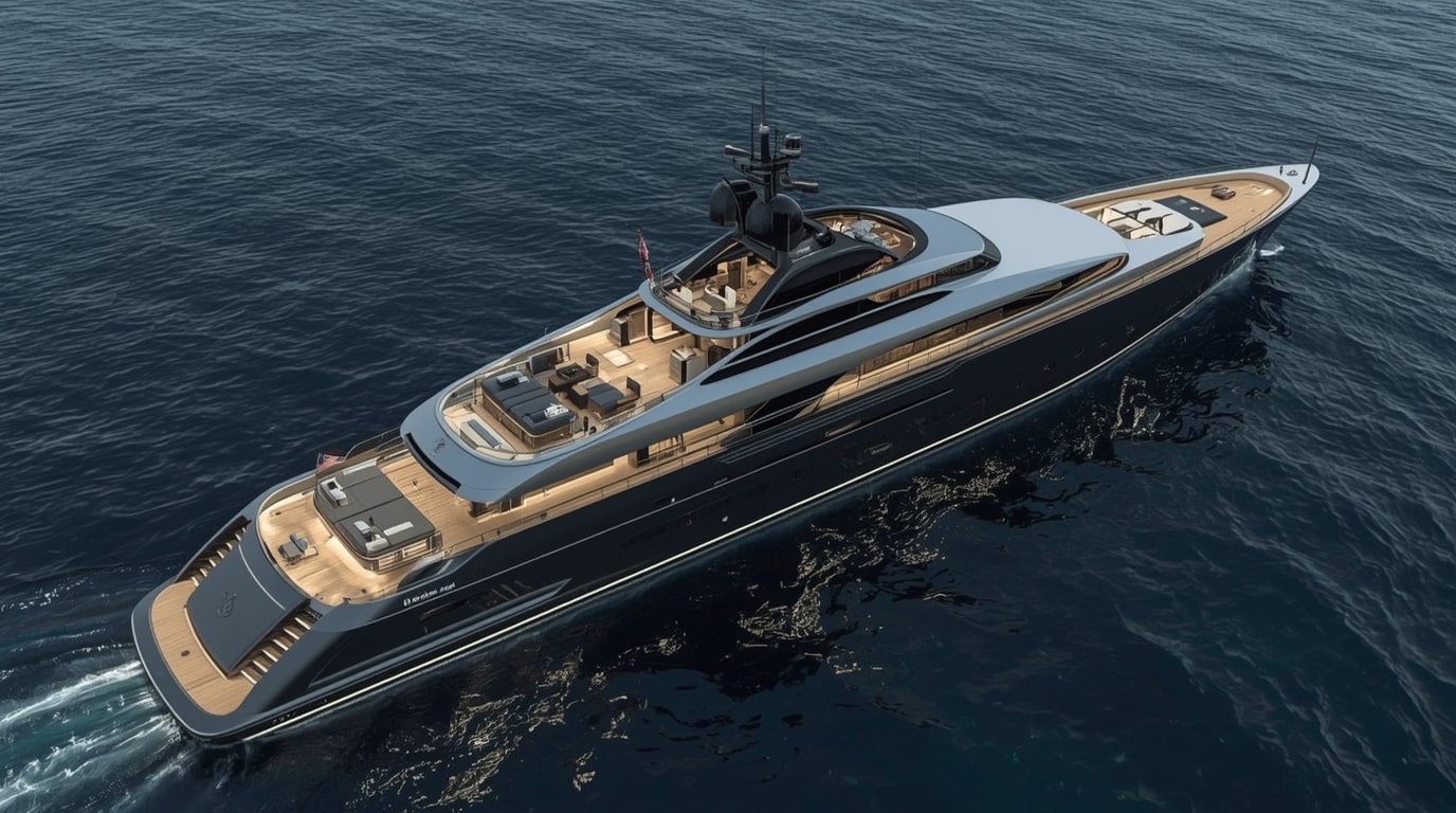 Conceptual artistic rendering of the 146-meter Project Defy superyacht, featuring sleek modern lines, extensive glazing, and a curved radar arch for an elegant and functional luxury yacht profile.
