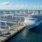 State-of-the-art cruise port equipped with high-voltage fast-charging stations for electric cruise ships, showcasing sustainable infrastructure upgrades for 2026 voyages amid green maritime trends.