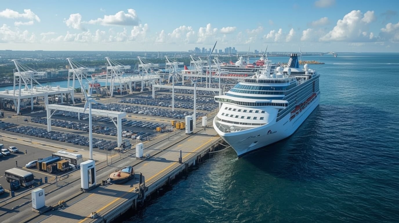 State-of-the-art cruise port equipped with high-voltage fast-charging stations for electric cruise ships, showcasing sustainable infrastructure upgrades for 2026 voyages amid green maritime trends.