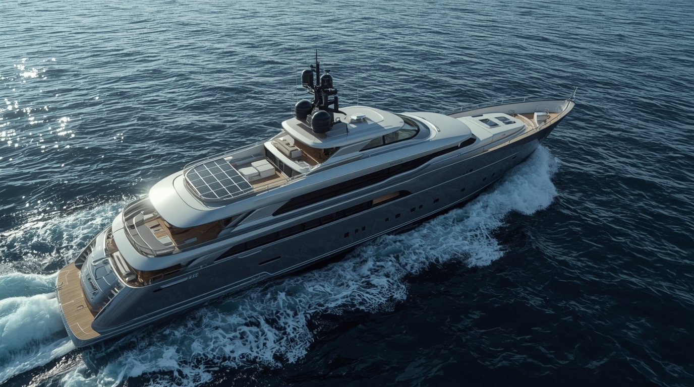 Futuristic hydrogen-powered superyacht gliding through crystal-clear waters, featuring advanced fuel cell technology and sustainable design, illustrating the rising demand for green luxury yachts by 2030.