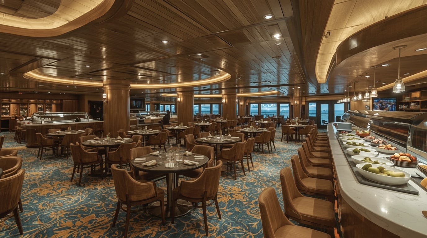 Passengers wearing masks in empty buffet line aboard AIDAdiva during norovirus outbreak on 133-night world cruise, December 2025