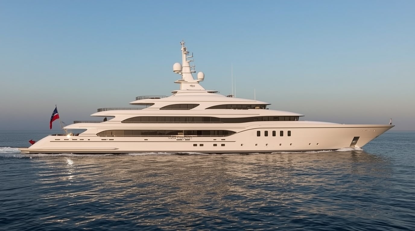 Side view of the 117-meter Lürssen superyacht Boardwalk displaying clean classical lines six decks and timeless elegance in luxury yacht architecture.