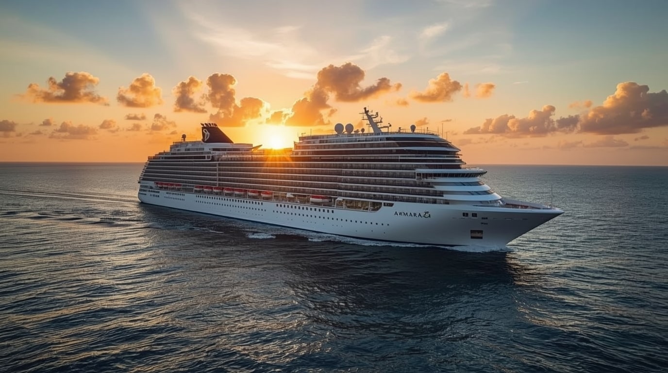 Azamara Onward cruise ship sailing from Miami at sunset during launch of 175-night 2028 World Cruise after record-breaking Cyber Monday bookings in December 2025