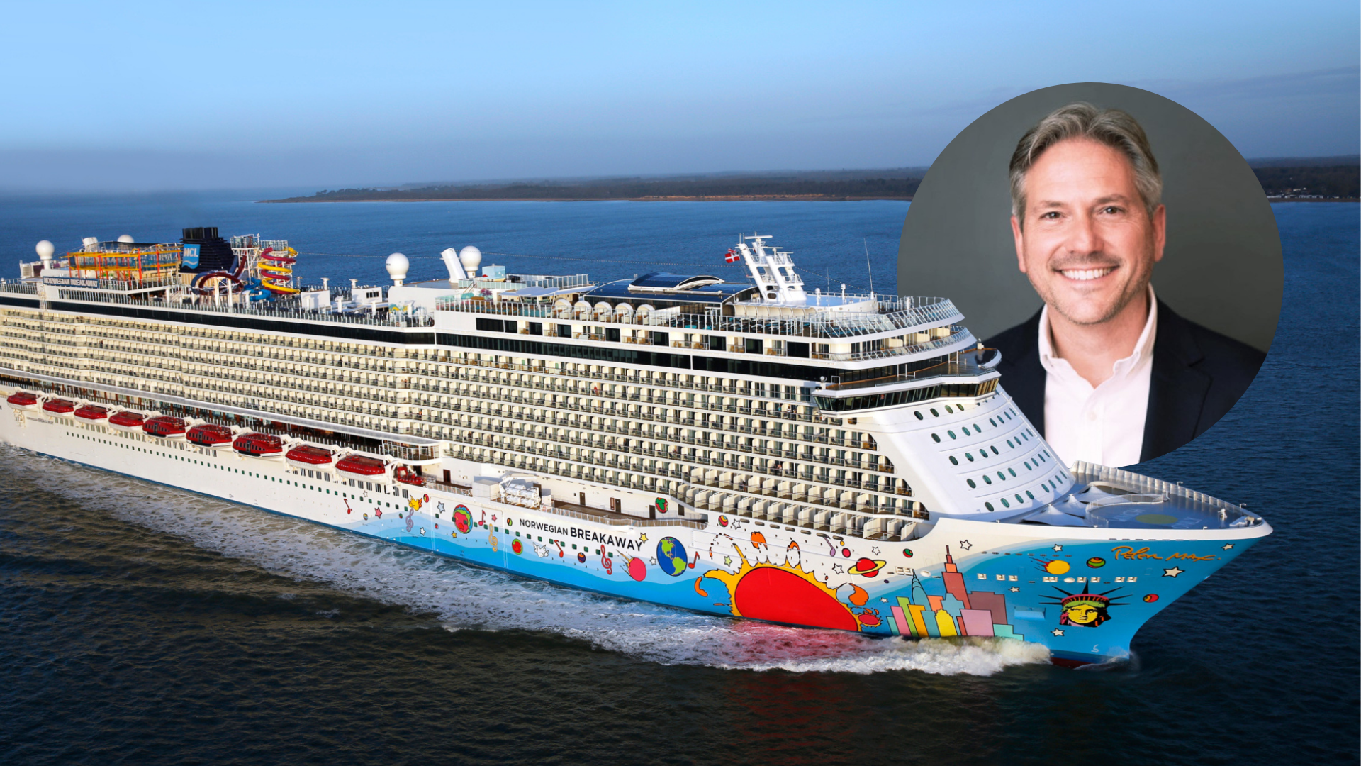 Norwegian Breakaway cruise ship sailing at sea with a portrait of Marc Kazlauskas, the newly appointed president of Norwegian Cruise Line, overlaid in the top-right corner