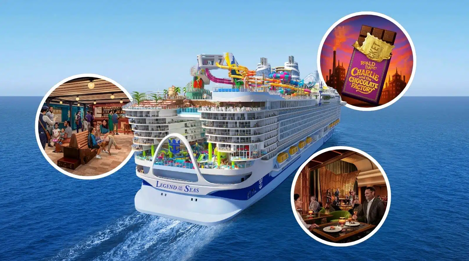Royal Caribbean’s Legend of the Seas cruise ship at sea, highlighting onboard venues, dining spaces and entertainment experiences